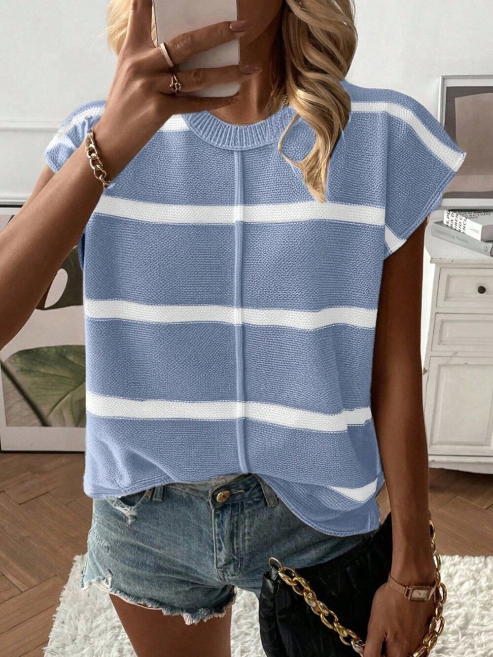 Blue Casual Women's Loose Knit Raglan Sleeveless Striped Pullover Tank Top